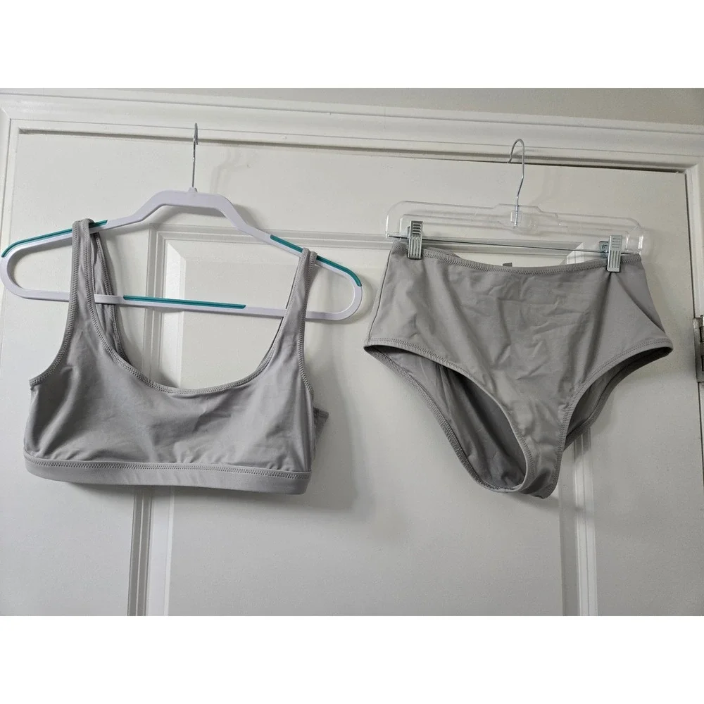 SKIMS Swim Grey Scoop Neck Bikini Top and High Waisted Bottoms Set Medium